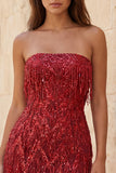 Abito corto di cocktail corto in Borgogna Bodycon Spalline con Frangie e Paillette