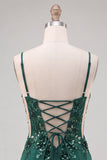 Corsetto verde scuro con spalline sottiglie corse floreali corto da cocktail con pizzo sulla schiena