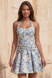 Abito di cocktail con corsetto floreale Jacquard azzurro chiaro a linea A e collo a trabocco