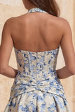 Abito di cocktail con corsetto floreale Jacquard azzurro chiaro a linea A e collo a trabocco