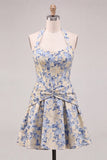 Abito di cocktail con corsetto floreale Jacquard azzurro chiaro a linea A e collo a trabocco