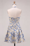 Abito di cocktail con corsetto floreale Jacquard azzurro chiaro a linea A e collo a trabocco