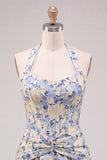 Abito di cocktail con corsetto floreale Jacquard azzurro chiaro a linea A e collo a trabocco