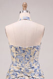 Abito di cocktail con corsetto floreale Jacquard azzurro chiaro a linea A e collo a trabocco