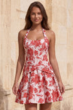 Abito di cocktail con corsetto floreale Jacquard azzurro chiaro a linea A e collo a trabocco