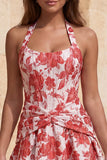 Abito di cocktail con corsetto floreale Jacquard azzurro chiaro a linea A e collo a trabocco