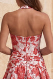 Abito di cocktail con corsetto floreale Jacquard azzurro chiaro a linea A e collo a trabocco