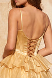 Corsetto A-Line Dorato Abito Cordo di Fine Figlio Corsetto a Perline a Livelli con Punte e Pizzo Indietro