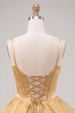 Corsetto A-Line Dorato Abito Cordo di Fine Figlio Corsetto a Perline a Livelli con Punte e Pizzo Indietro