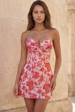 Corsetto rosso Sweetheart Bodycon Floreale Arricciato Abito Corto