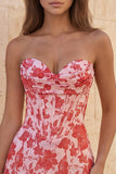 Corsetto rosso Sweetheart Bodycon Floreale Arricciato Abito Corto