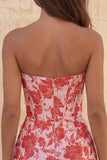 Corsetto rosso Sweetheart Bodycon Floreale Arricciato Abito Corto