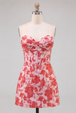 Corsetto rosso Sweetheart Bodycon Floreale Arricciato Abito Corto