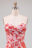 Corsetto rosso Sweetheart Bodycon Floreale Arricciato Abito Corto