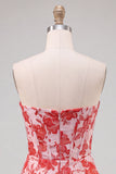 Corsetto rosso Sweetheart Bodycon Floreale Arricciato Abito Corto
