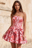 Corsetto senza spalline rosso Jacquard Abito floreale di ritorno a casa con fiocco