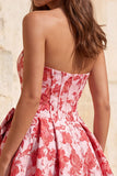 Corsetto senza spalline rosso Jacquard Abito floreale di ritorno a casa con fiocco
