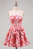 Corsetto senza spalline rosso Jacquard Abito floreale di ritorno a casa con fiocco