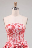 Corsetto senza spalline rosso Jacquard Abito floreale di ritorno a casa con fiocco