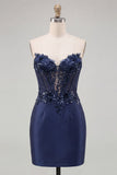Corsetto blu navy Sweetheart Bodycon Floreali Paillettes Abito corto di assalto per il ritorno a casa