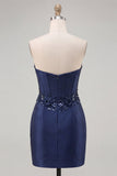 Corsetto blu navy Sweetheart Bodycon Floreali Paillettes Abito corto di assalto per il ritorno a casa