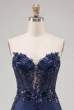 Corsetto blu navy Sweetheart Bodycon Floreali Paillettes Abito corto di assalto per il ritorno a casa