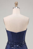Corsetto blu navy Sweetheart Bodycon Floreali Paillettes Abito corto di assalto per il ritorno a casa