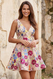 Vestito corto da ritorno a casa a fiocchi a fiori fucsia a V-Neck