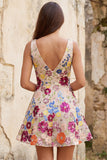 Vestito corto da ritorno a casa a fiocchi a fiori fucsia a V-Neck