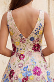 Vestito corto da ritorno a casa a fiocchi a fiori fucsia a V-Neck