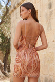 Bodycon arancione con spalline spaghetti paillettes abito corto di cocktail con pizzo sulla schiena