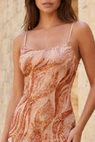 Bodycon arancione con spalline spaghetti paillettes abito corto di cocktail con pizzo sulla schiena