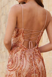 Bodycon arancione con spalline spaghetti paillettes abito corto di cocktail con pizzo sulla schiena