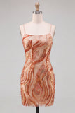 Bodycon arancione con spalline spaghetti paillettes abito corto di cocktail con pizzo sulla schiena