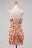 Bodycon arancione con spalline spaghetti paillettes abito corto di cocktail con pizzo sulla schiena