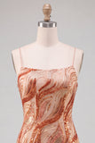 Bodycon arancione con spalline spaghetti paillettes abito corto di cocktail con pizzo sulla schiena