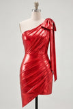Abito rosso metallico arricciato asimmetrico con fiocco
