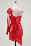 Abito rosso metallico arricciato asimmetrico con fiocco