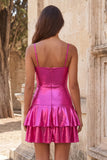 Abito corto di ritorno a casa in A-Line Metallico A Arrugata a livelli fucsia