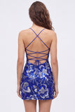 Abito di fine Bodycon blu con spalline con paillettes e perline con pizzo dietro