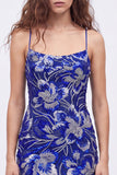 Abito di fine Bodycon blu con spalline con paillettes e perline con pizzo dietro
