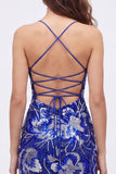 Abito di fine Bodycon blu con spalline con paillettes e perline con pizzo dietro