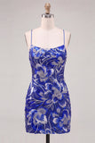 Abito di fine Bodycon blu con spalline con paillettes e perline con pizzo dietro