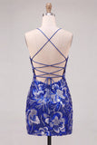 Abito di fine Bodycon blu con spalline con paillettes e perline con pizzo dietro