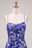 Abito di fine Bodycon blu con spalline con paillettes e perline con pizzo dietro