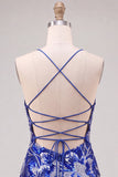 Abito di fine Bodycon blu con spalline con paillettes e perline con pizzo dietro