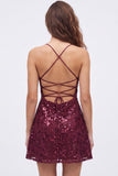 Paillettes blu navy A-Line con spalline spaghetti Abito corto di ritorno a casa con pizzo sulla schiena