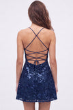 Paillettes blu navy A-Line con spalline spaghetti Abito corto di ritorno a casa con pizzo sulla schiena