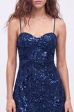 Paillettes blu navy A-Line con spalline spaghetti Abito corto di ritorno a casa con pizzo sulla schiena