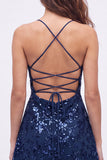 Paillettes blu navy A-Line con spalline spaghetti Abito corto di ritorno a casa con pizzo sulla schiena